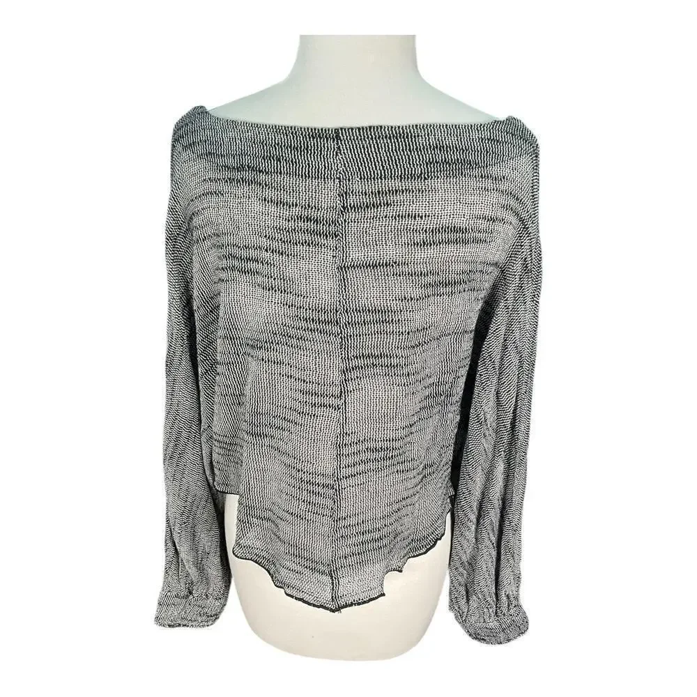 Free People Black & White Boat Neck Tight Knit Long Sleeve Cropped Sweater Small